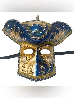 Vintage Venetian Full Face Mask Italy Hand Painted Blue Gold Music Carnival Mask